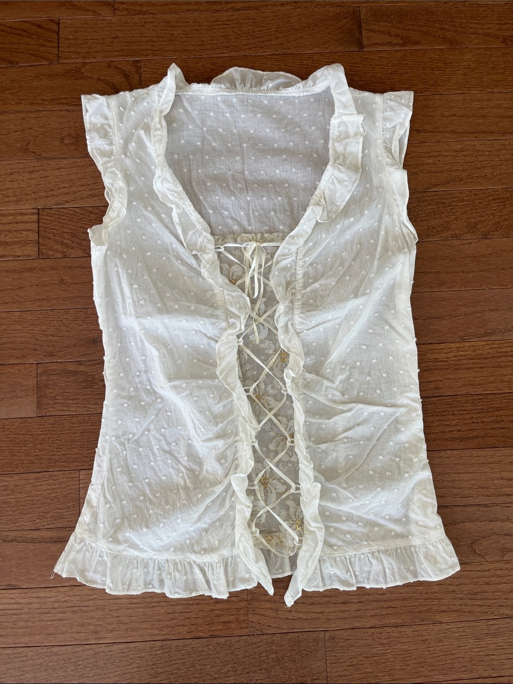 White Cream Ruffle Swiss Dot Lace-Up Women's Top
